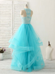 Blue High Neck Tulle Long Prom Dresses Blue Evening Dresses