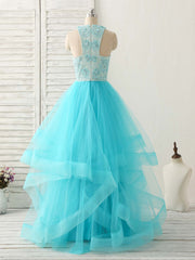 Blue High Neck Tulle Long Prom Dresses Blue Evening Dresses