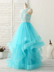 Blue High Neck Tulle Long Prom Dresses Blue Evening Dresses