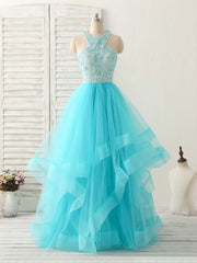 Blue High Neck Tulle Long Prom Dresses Blue Evening Dresses