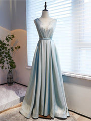 Blue Illusion V-neck Pleats Beading Prom Dresses