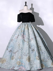 Blue Jacquard Black Velvet Quinceanera Dresses