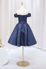 Blue Knee Length Satin Short Prom Dresses, Off the Shoulder Blue Homecoming Dresses