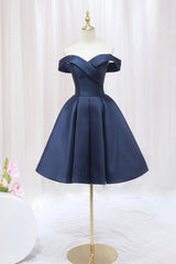 Blue Knee Length Satin Short Prom Dresses, Off the Shoulder Blue Homecoming Dresses