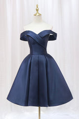 Blue Knee Length Satin Short Prom Dresses, Off the Shoulder Blue Homecoming Dresses