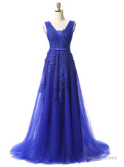 Blue Lace Beading Backless Prom Dress