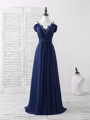 Blue Lace Chiffon Long Prom Dresses Blue Bridesmaid Dresses