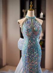 Blue Mermaid Sequins Halter Long Party Dresses with Bow, Blue Sequins Prom Dresses