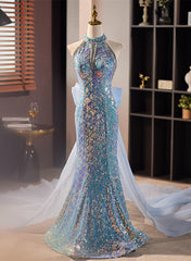 Blue Mermaid Sequins Halter Long Party Dresses with Bow, Blue Sequins Prom Dresses