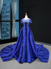 Blue Mermaid Velvet Backless Cap Sleeve Prom Dresses With Removable Train