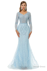 Neckline Long Sleeve Mermaid Lace Pattern Tulle Beading Prom Dresses