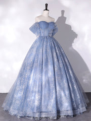 Blue Off Shoulder Ball Gown Floral Tulle Party Dresses, Blue Sweet 16 Dresses