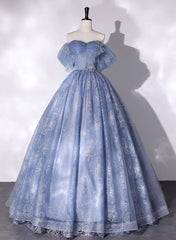 Blue Off Shoulder Ball Gown Floral Tulle Party Dresses, Blue Sweet 16 Dresses