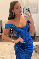 Blue Off Shoulder Mermaid Prom Dress with Slit