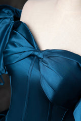 Blue Off the Shoulder Satin Floor Length Prom Dresses with Corset, Blue Evening Party Dresses