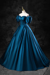 Blue Off the Shoulder Satin Floor Length Prom Dresses with Corset, Blue Evening Party Dresses