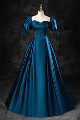 Blue Off the Shoulder Satin Floor Length Prom Dresses with Corset, Blue Evening Party Dresses