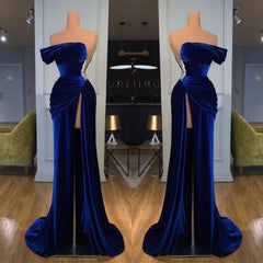 Blue Off-the-Shoulder Velvet Prom Dresses Mermaid Long With Split