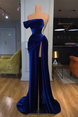 Blue Off-the-Shoulder Velvet Prom Dresses Mermaid Long With Split