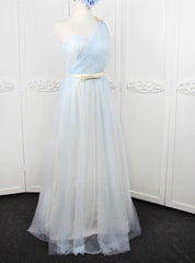 Blue One Shoulder Tulle With Bow Bridesmaid Dresses