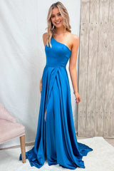 Blue One-Shoulder Wrap A-Line Prom Dresses