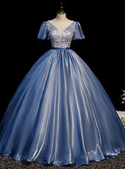 Blue Organza Sequins Puff Sleeve Quinceanera Dresses