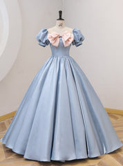 Blue Puff Sleeve Pink Bow Quinceanera Dresses