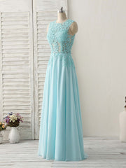 Blue Round Neck Lace Chiffon Long Prom Dresses, Blue Long Formal Dresses