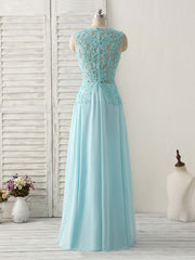 Blue Round Neck Lace Chiffon Long Prom Dresses, Blue Long Formal Dresses