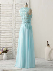 Blue Round Neck Lace Chiffon Long Prom Dresses, Blue Long Formal Dresses