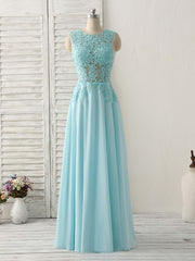 Blue Round Neck Lace Chiffon Long Prom Dresses, Blue Long Formal Dresses