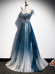 Blue Round Neck Tulle Beads Long Prom Dresses, Blue Evening Dresses