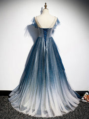 Blue Round Neck Tulle Beads Long Prom Dresses, Blue Evening Dresses