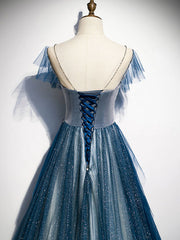 Blue Round Neck Tulle Beads Long Prom Dresses, Blue Evening Dresses