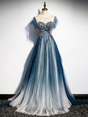 Blue Round Neck Tulle Beads Long Prom Dresses, Blue Evening Dresses