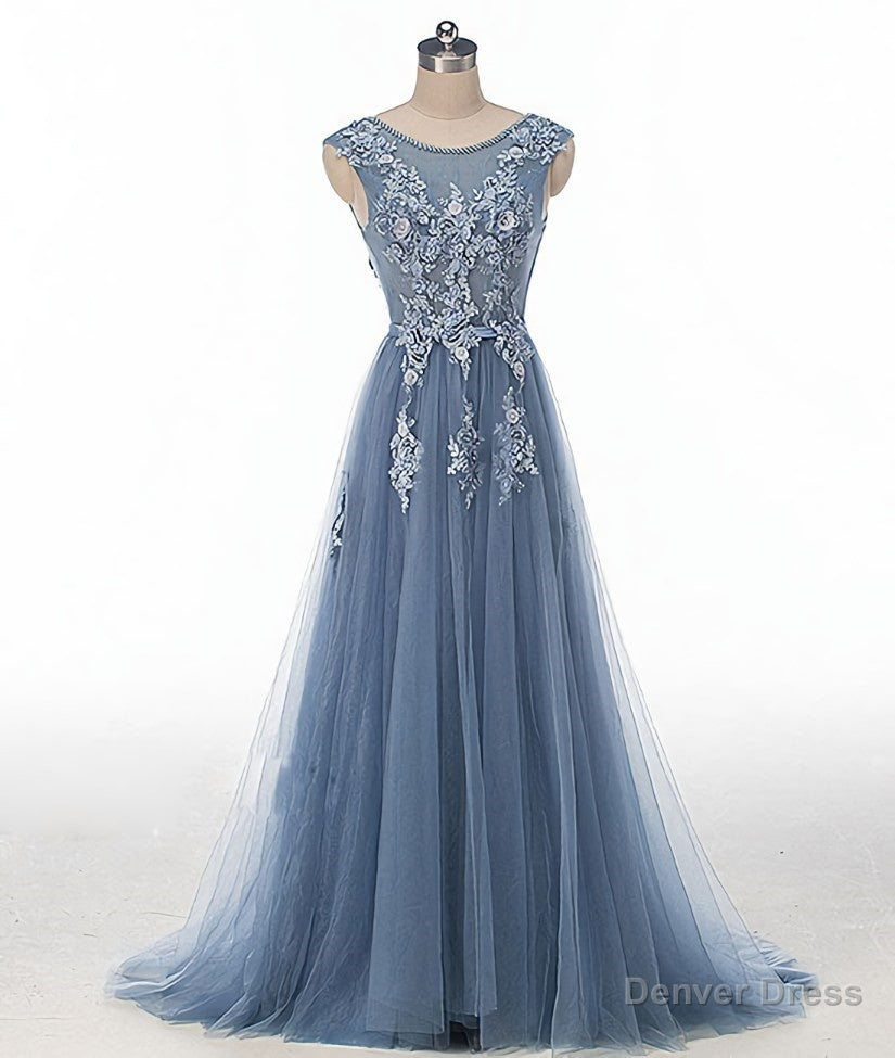 Blue round neck tulle lace applique long prom dress, blue evening dress