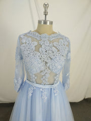 Blue Round Neck Tulle Lace Long Prom Dresses, Blue Tulle Lace Evening Dresses