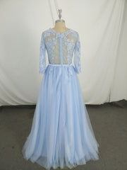 Blue Round Neck Tulle Lace Long Prom Dresses, Blue Tulle Lace Evening Dresses