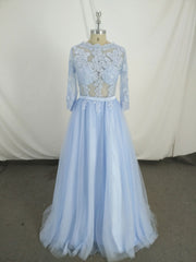 Blue Round Neck Tulle Lace Long Prom Dresses, Blue Tulle Lace Evening Dresses