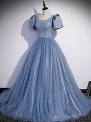 Blue Round Neck Tulle Sequin Beads Long Prom Dresses, Blue Evening Dresses