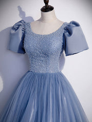 Blue Round Neck Tulle Sequin Beads Long Prom Dresses, Blue Evening Dresses