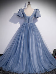 Blue Round Neck Tulle Sequin Beads Long Prom Dresses, Blue Evening Dresses