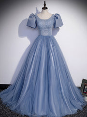 Blue Round Neck Tulle Sequin Beads Long Prom Dresses, Blue Evening Dresses