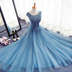 Blue Round Neckline Long Applique Elegant Senior Formal Dress, Long Party Gowns