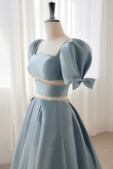 Blue Satin Beaded Long Prom Dresses, Blue Short Sleeve Evening Dresses