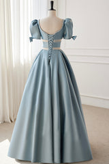 Blue Satin Beaded Long Prom Dresses, Blue Short Sleeve Evening Dresses