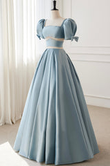 Blue Satin Beaded Long Prom Dresses, Blue Short Sleeve Evening Dresses