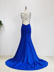 Blue Satin Beads Long Mermaid Prom Dresses Blue Formal Dresses