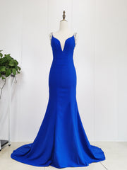 Blue Satin Beads Long Mermaid Prom Dresses Blue Formal Dresses