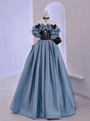 Blue Satin Black Lace Strapless Prom Dress